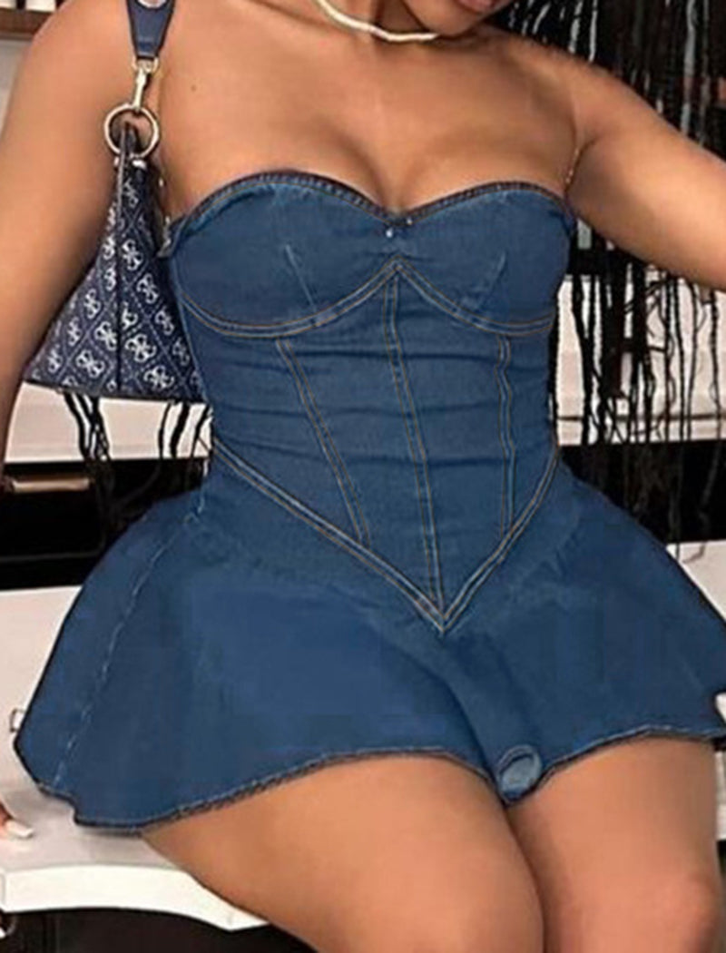 Flared Hem Strapless Denim Mini Dress