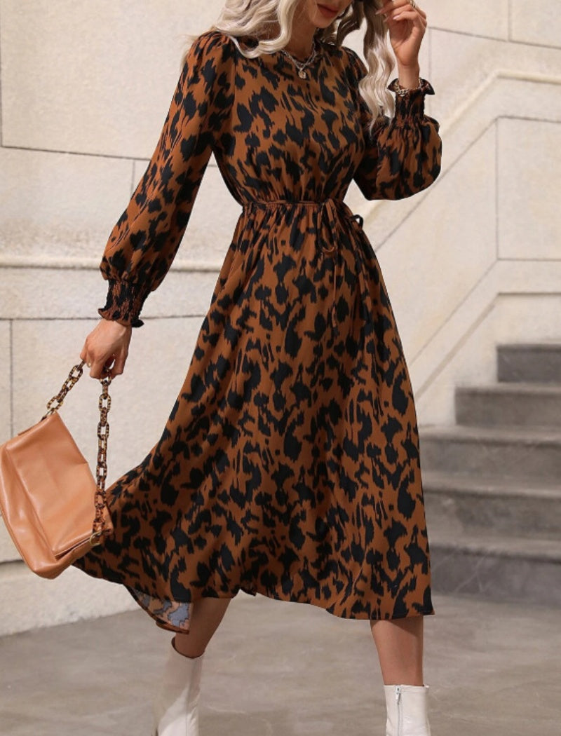 Animal Print Long Sleeve Midi Dress