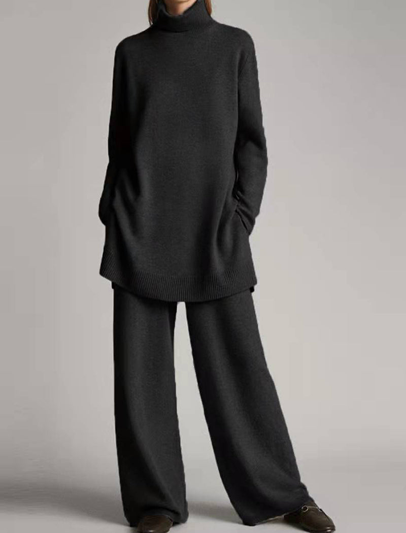 Knitted Solid Color High-Neck Relaxed Two-Piece Set