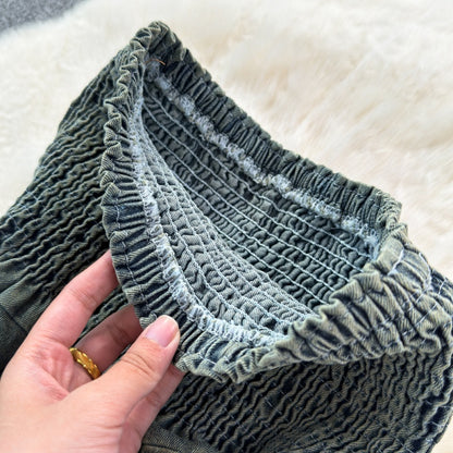 Smocked Denim Tube Top with Peplum Hem