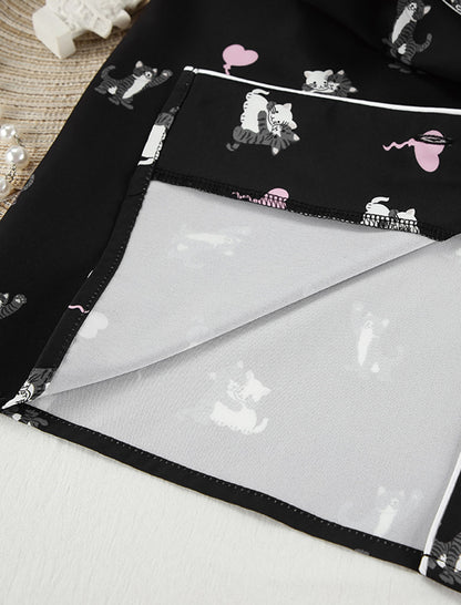 Satin Pajama Set with Cat Print