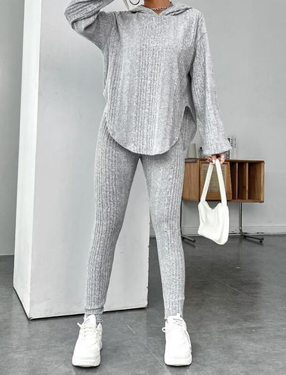Solid Ribbed Loose Hooded Pants Set