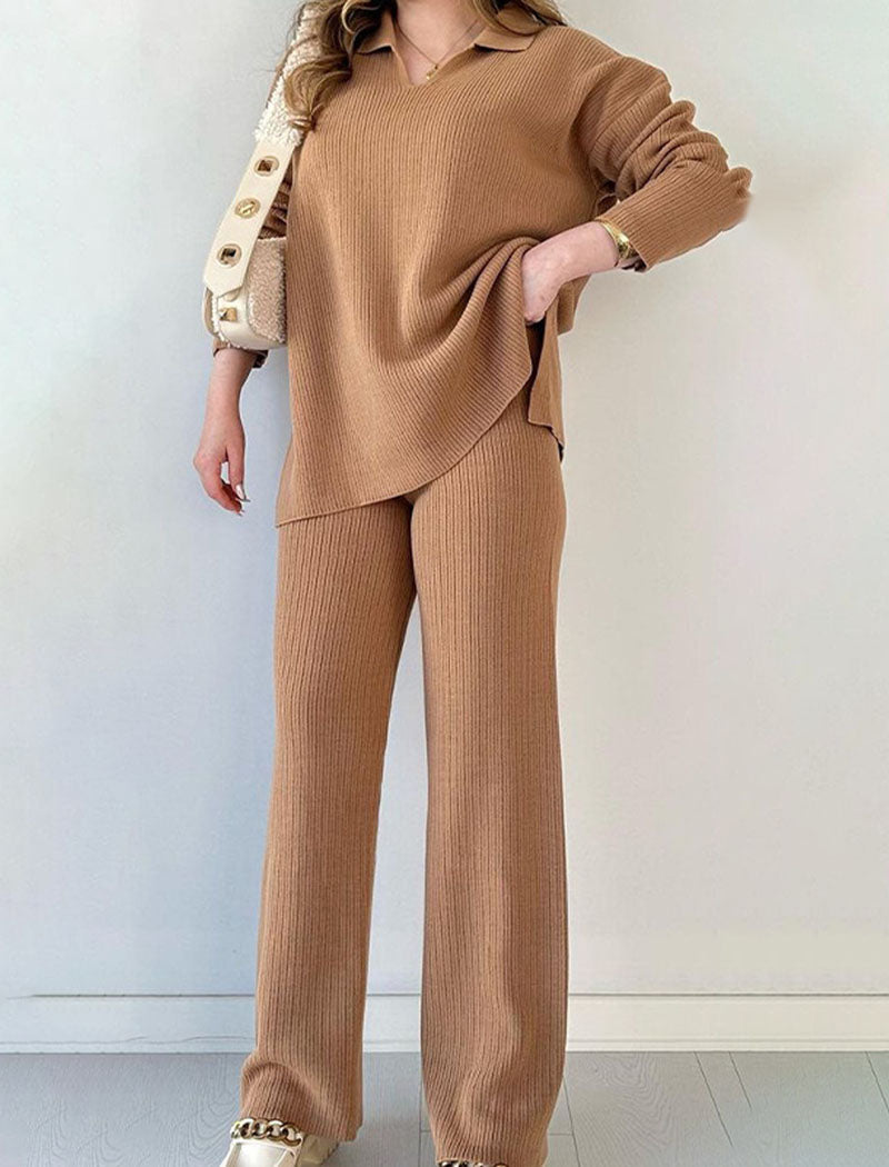 Ribbed Knit Lapel Sweater and Pants Set