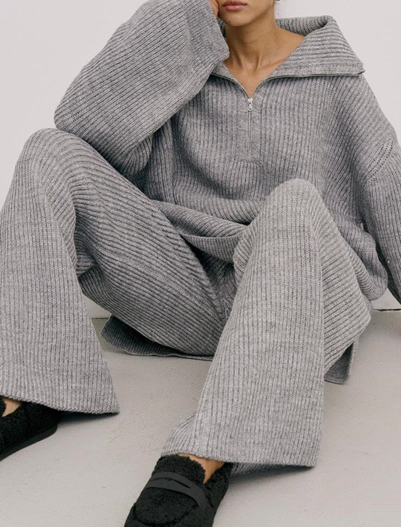 Oversized Knit Zip-Up Sweater and Pants Set