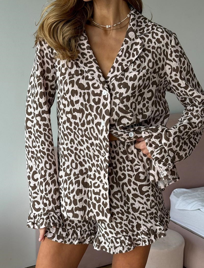 Leopard Print Ruffled Pajama Set