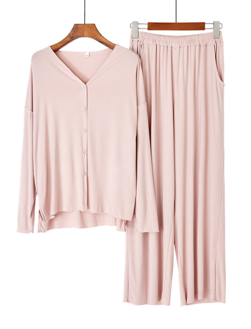 Long Sleeve Ruffle Trim Cardigan and Pants Loungewear Set