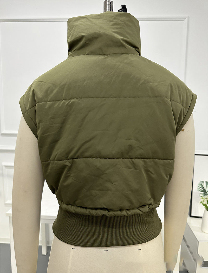 Crop Padded Vest with Drawstring and Zipper
