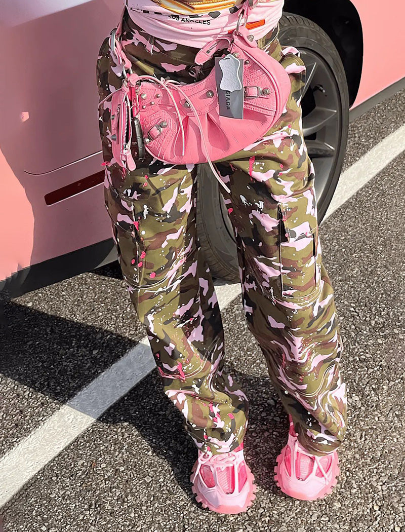 Camouflage Pattern High-Waisted Cargo Pants
