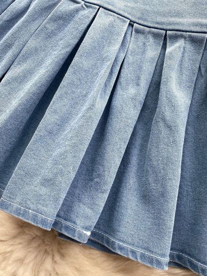 Denim Corset Top &amp; Pleated Mini Skirt Set