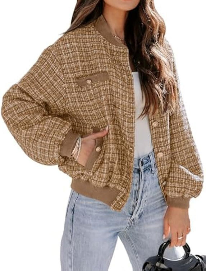 Plaid Bomber Jacket with Pockets