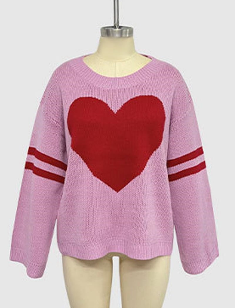 Heart Patterned Knit Sweater with Striped Sleeves