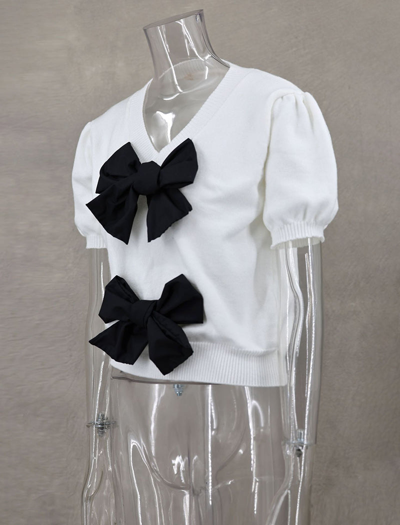 Short Sleeve Bow-Front Knit Top