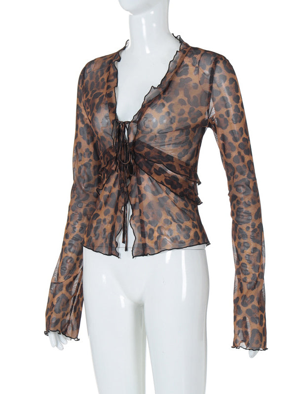 Long-Sleeve Tie-Front Leopard Top