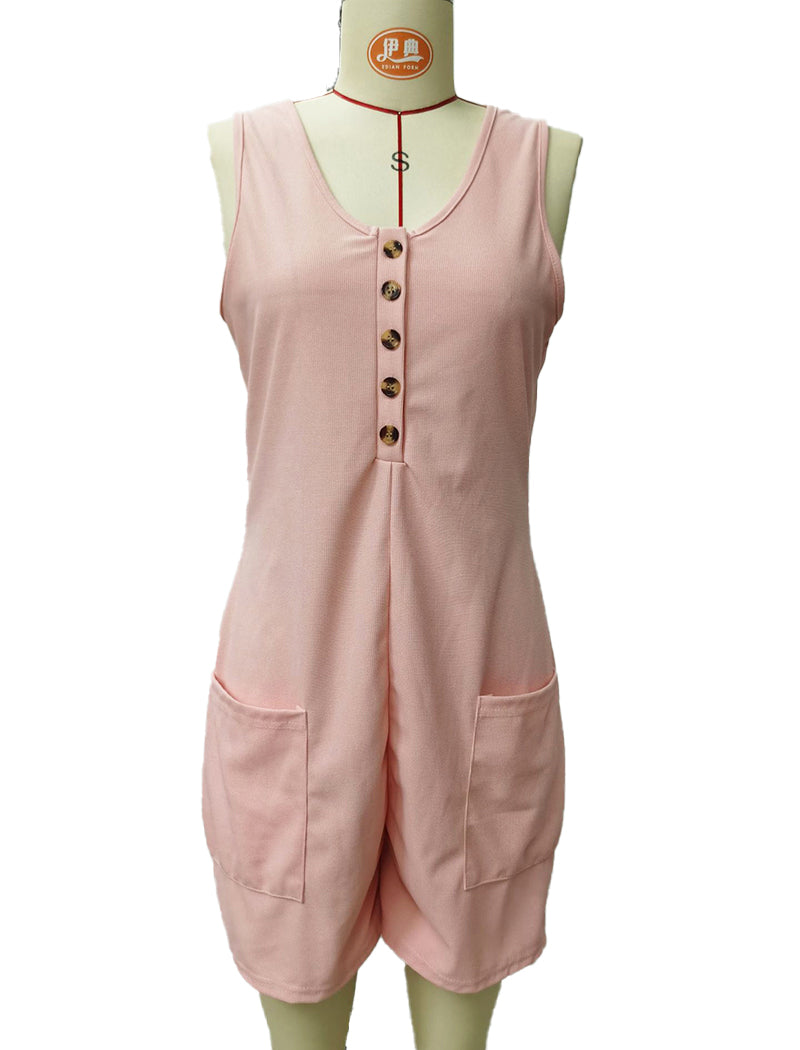 Sleeveless Button-Up Romper with Pockets