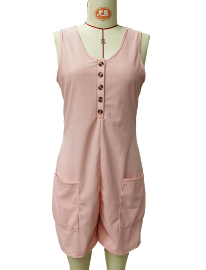 Sleeveless Button-Up Romper with Pockets