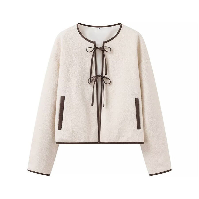 Crew Neck Front Tie Bow Jacket