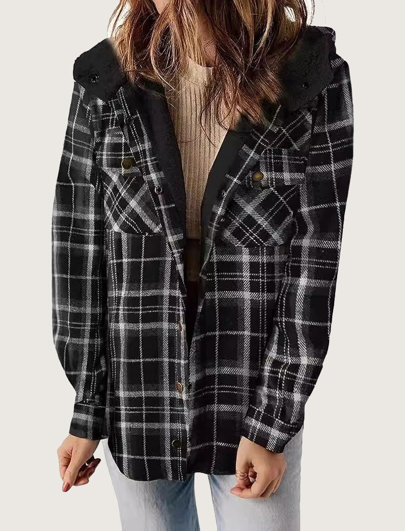 Hooded Plaid Shacket with Pocket Detail