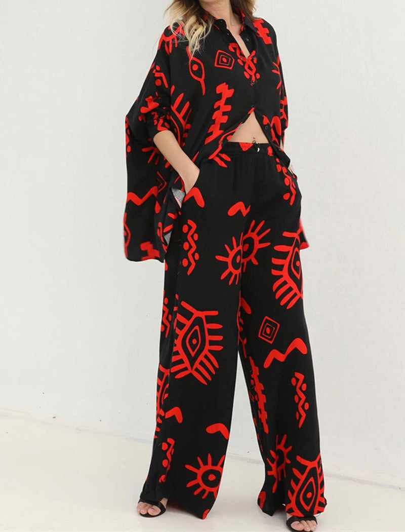 Graphic Button-Up Top and Wide-Leg Pants Set