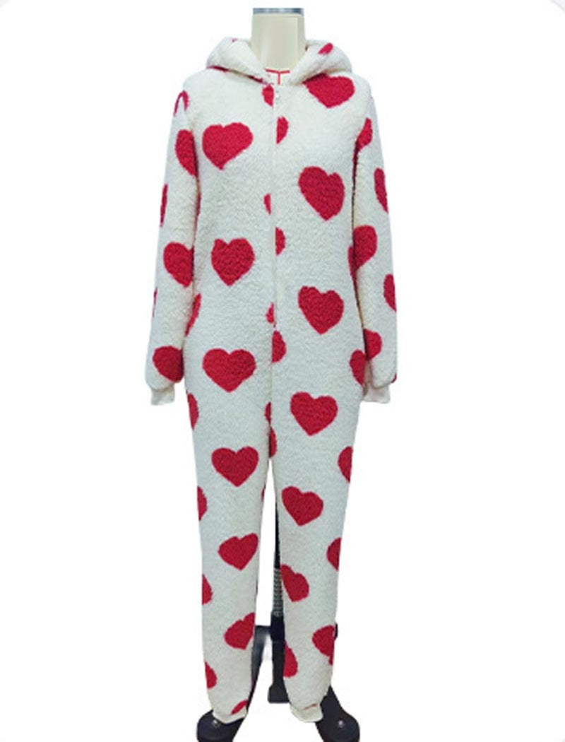 Fuzzy Heart Print Hooded Onesie