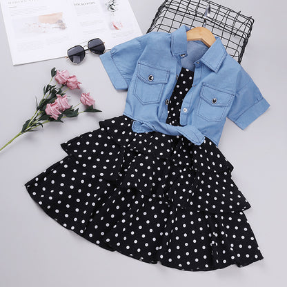 Denim Shirt and Polka Dot Layered Mini Skirt Set (Kids)