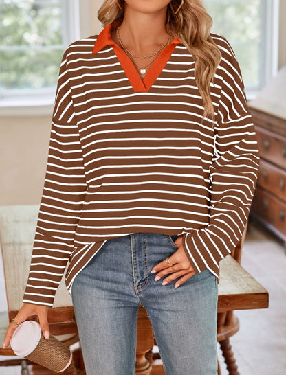 Striped V-Neck Casual Loose-Fit Top