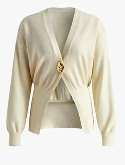 Button-Front Deep V-Neck Cardigan