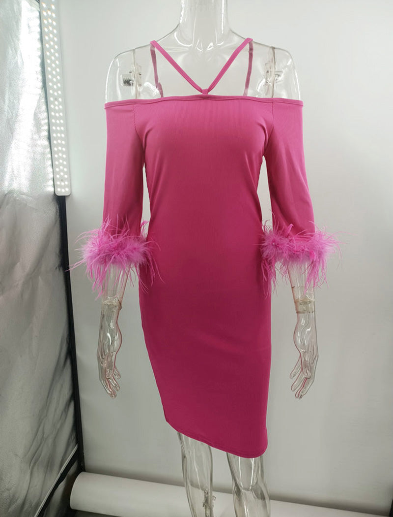 Off-Shoulder Feathered Bodycon Dress