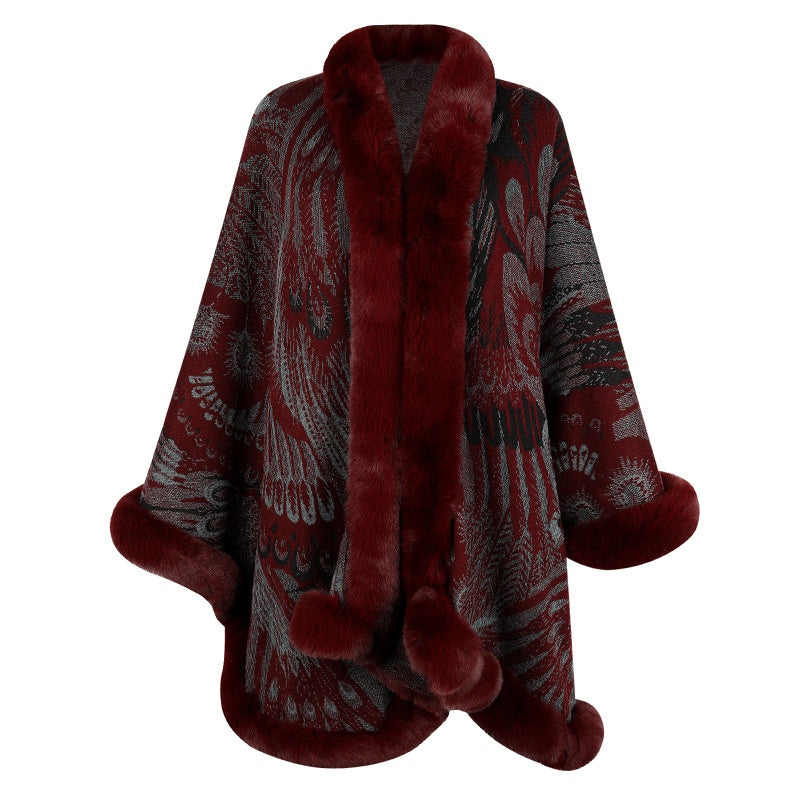 Faux Fur Trimmed Printed Cape