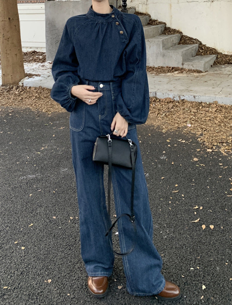 Wide-Leg High-Waist Denim Pants