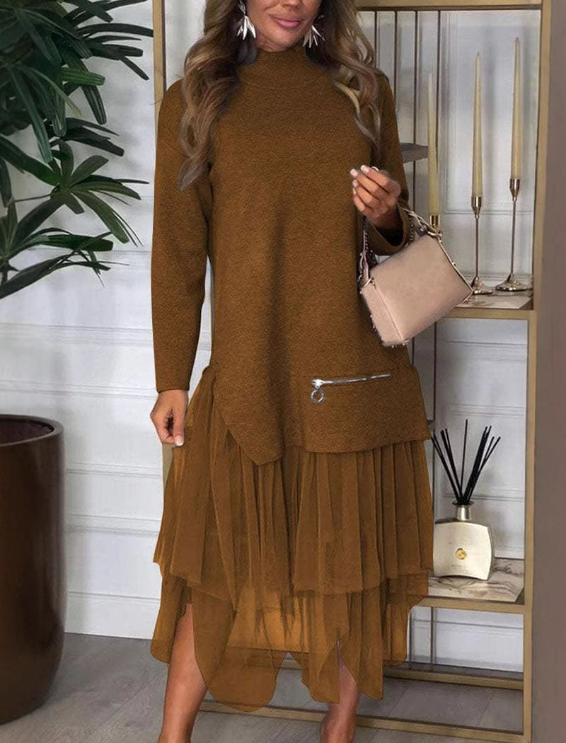 Layered Turtleneck Sweater Mesh Dress