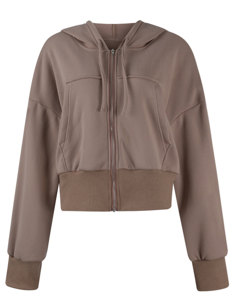 Cropped Zip-Up Hoodie with Elastic Cuffs