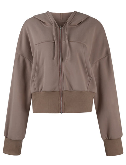 Cropped Zip-Up Hoodie with Elastic Cuffs