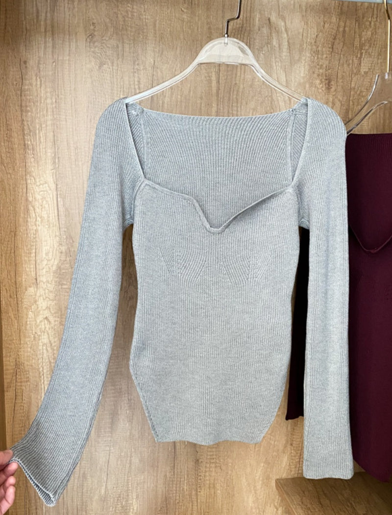 Sweetheart Neck Long Sleeve Knit Top