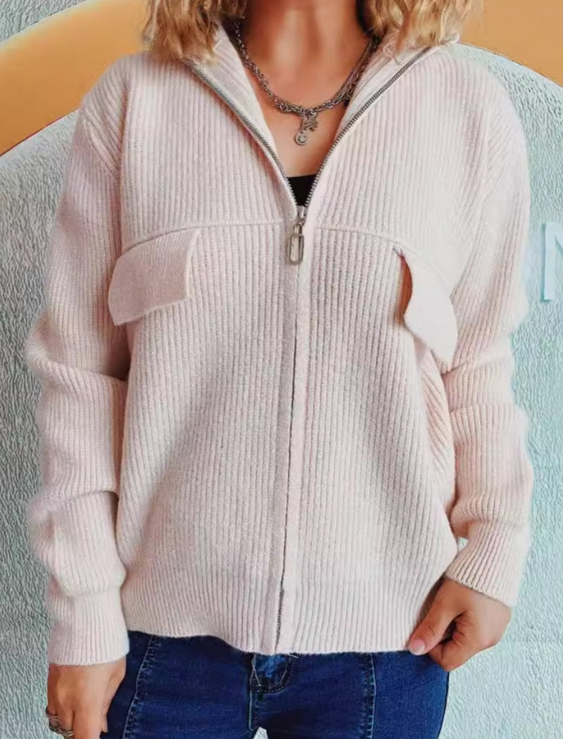 Zip-Up Knit Cardigan with Pockets