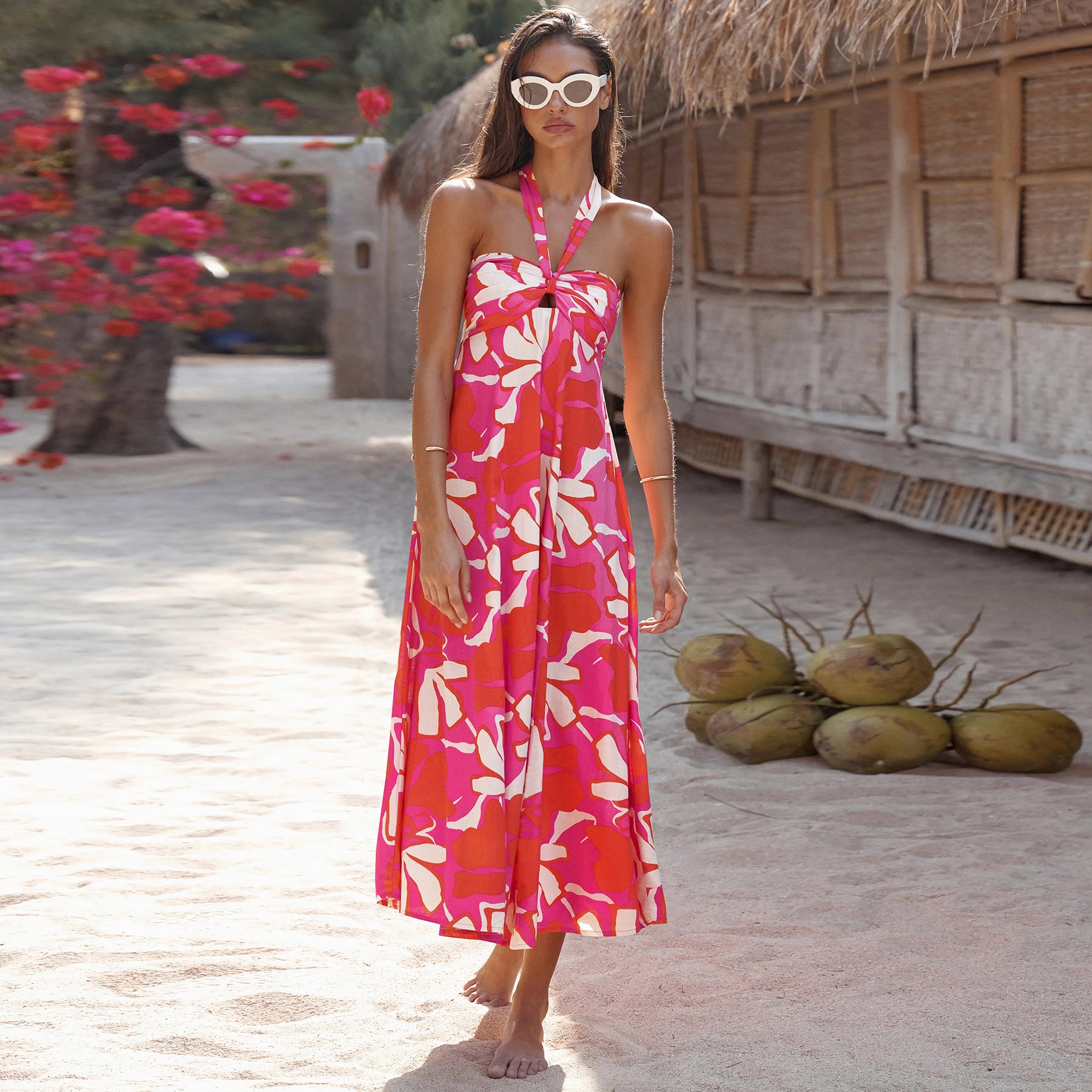 Halter Tropical Print A-Line Dress