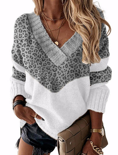 Leopard Print V-Neck Sweater with Colorblock Design