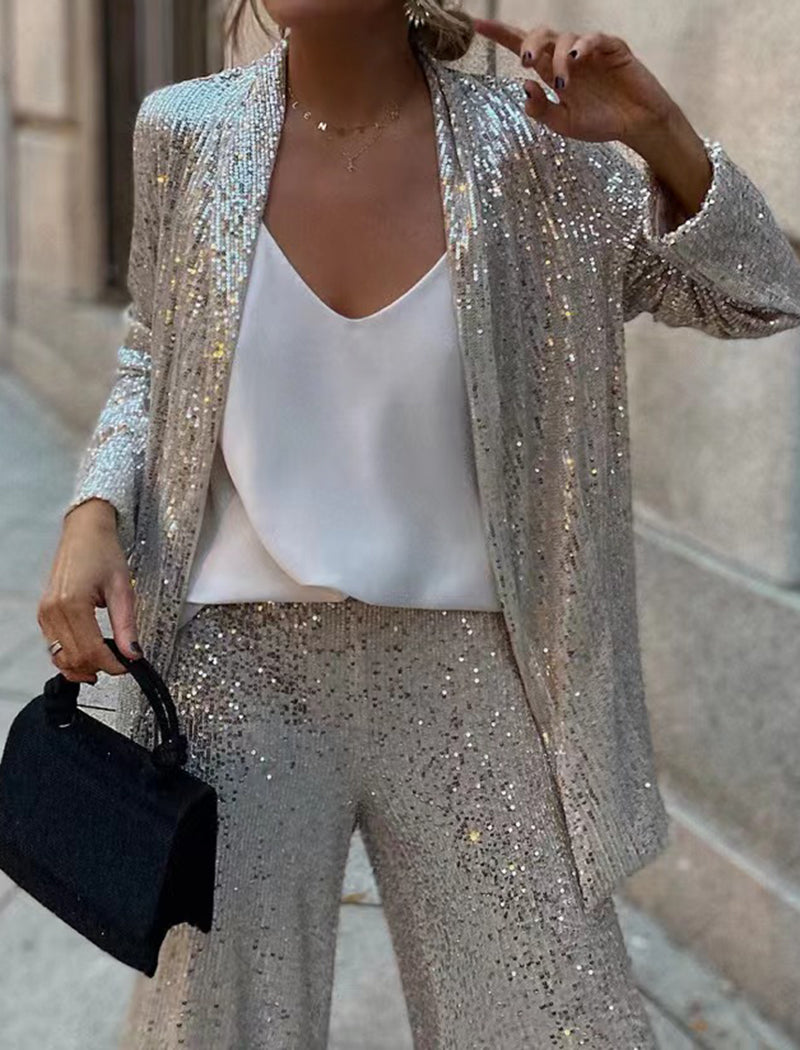 Sequined Two-Piece Set with Wide-Leg Pants