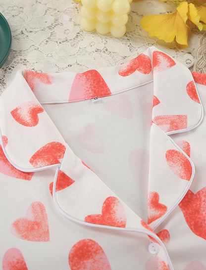 Button-Up Heart Print Short Pajama Set
