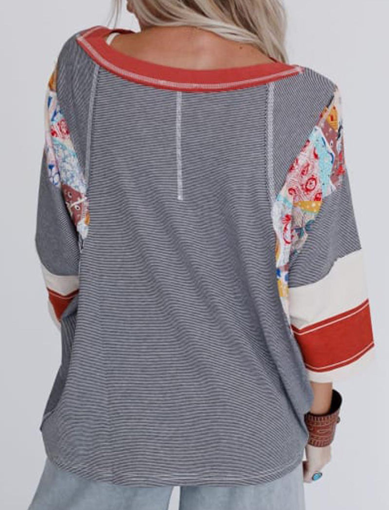 Striped Floral Panel Raglan Top