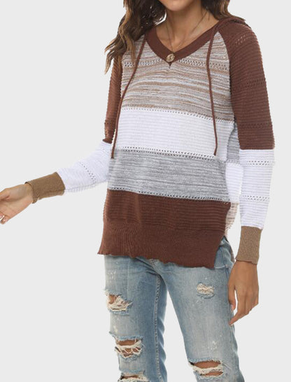 Striped V-Neck Knit Hooded Sweater