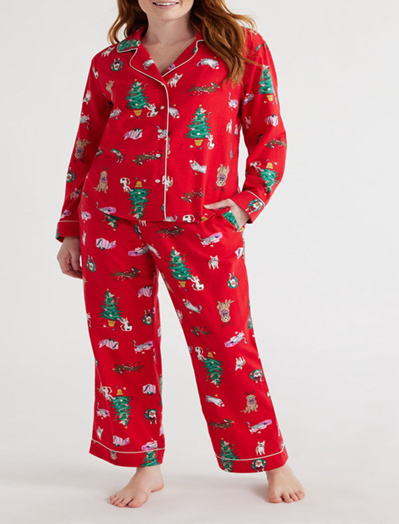 Long Sleeve Collared Christmas Print Lounge Set