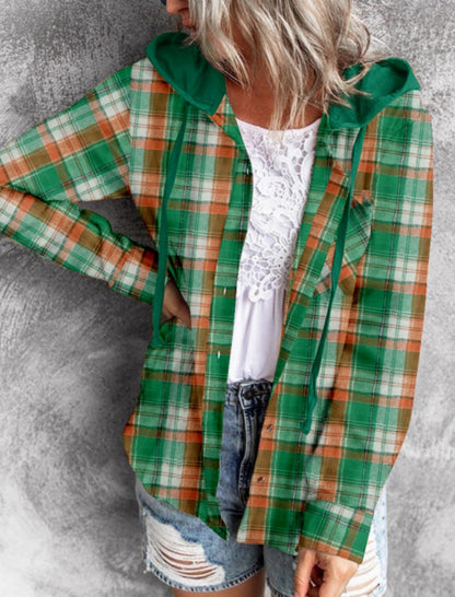 Plaid Button-Up Shirt with Drawstring Hood