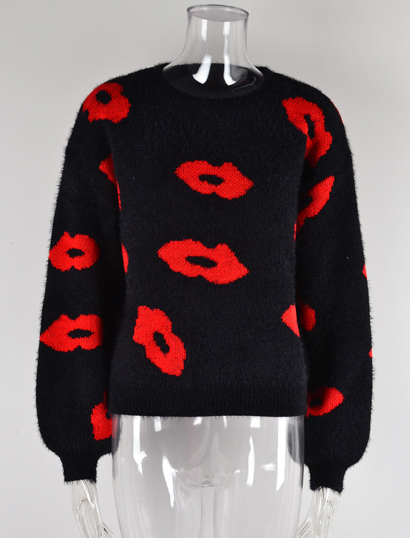 Sweater with Lip Pattern Print