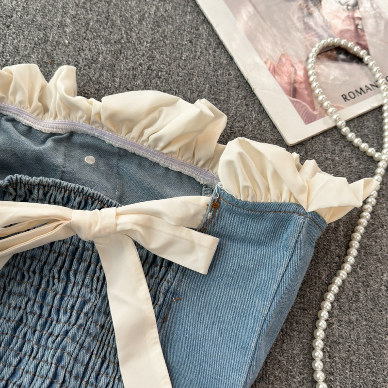 Ruffle Trim Off-Shoulder Denim Bustier