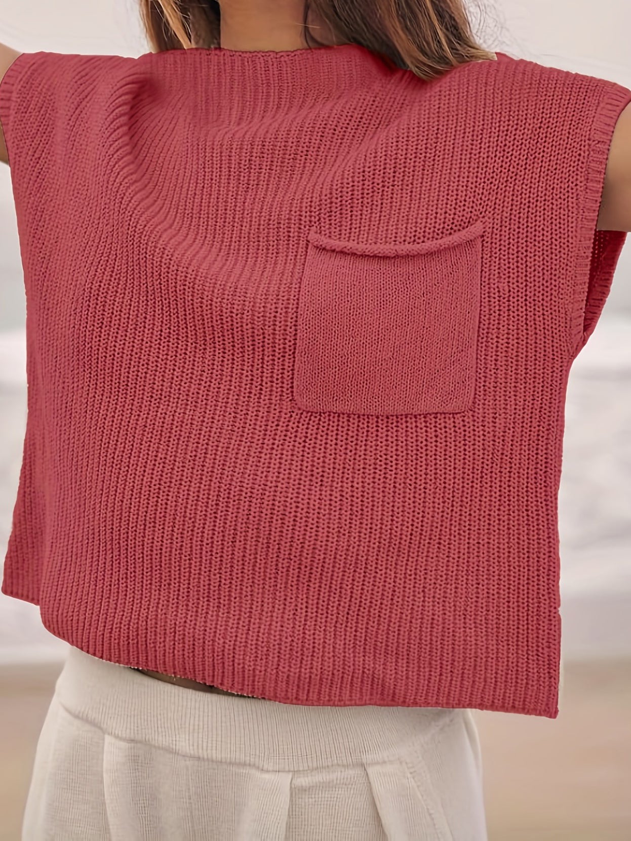 Solid Sleeveless Pocket Sweater