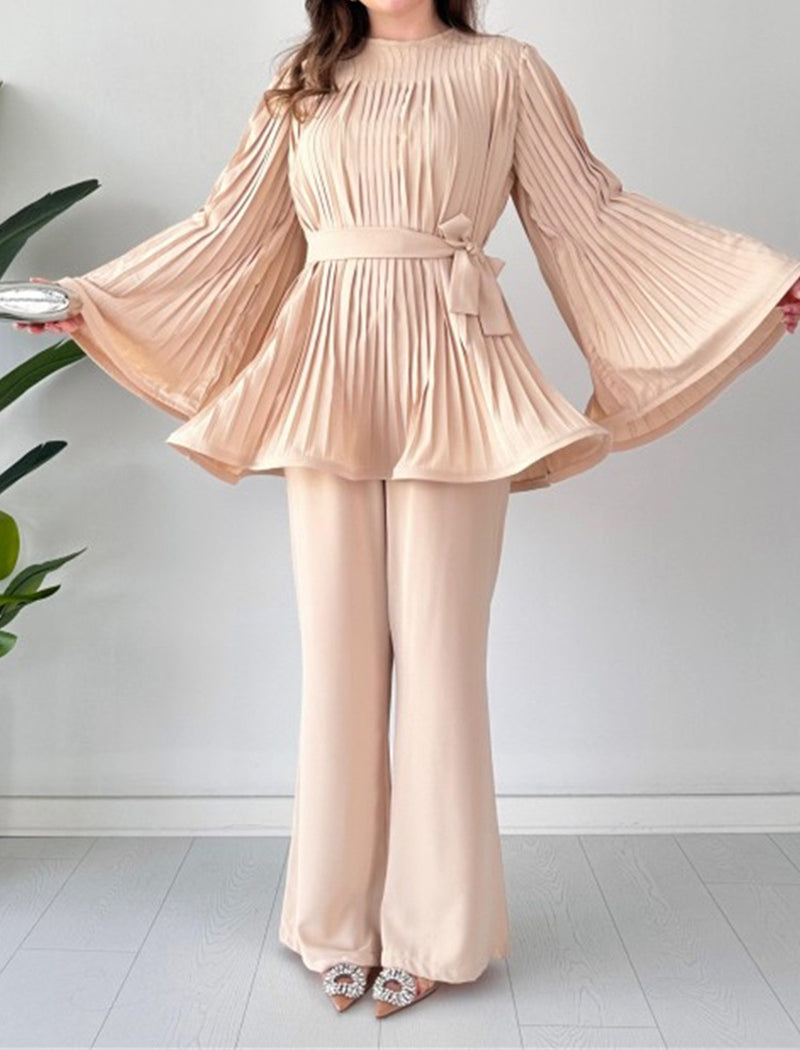 Pleated Bell Sleeve Top and Wide-Leg Pants Set