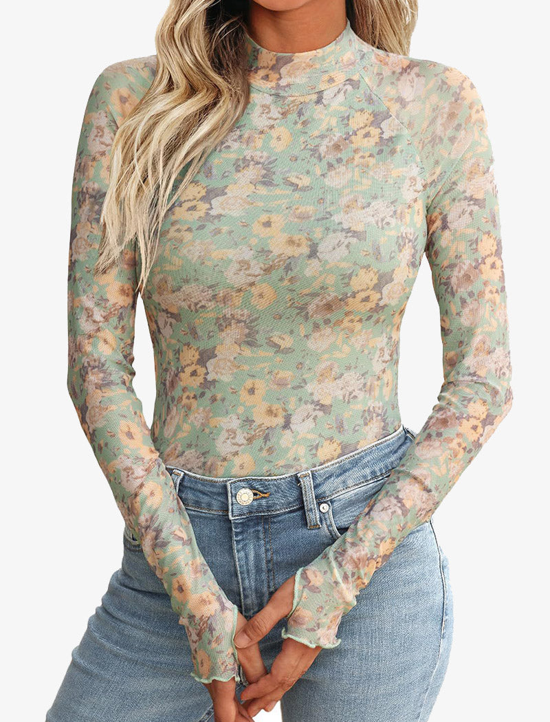 Floral Mesh Long-Sleeve Top with High Neck