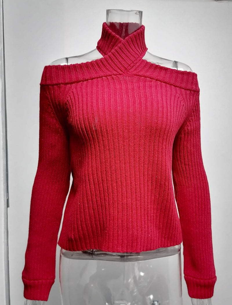 Cold Shoulder Ribbed Knit Cropped Sweater