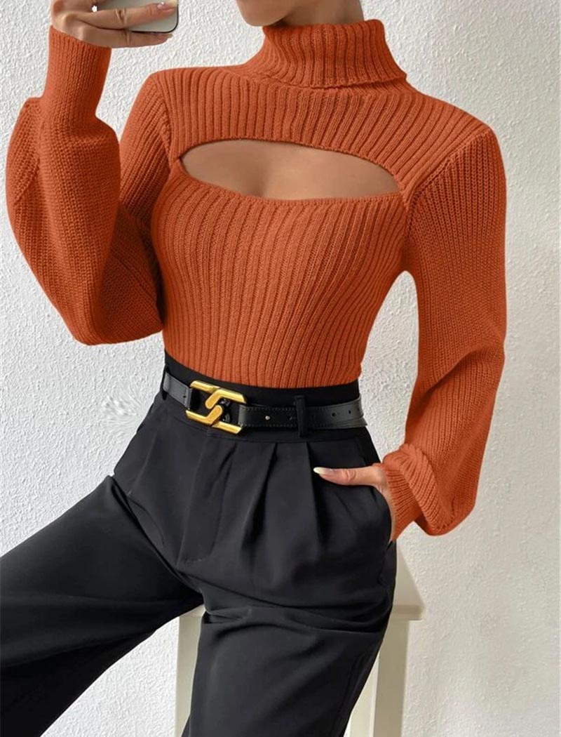 Ribbed Cutout Turtleneck Sweater