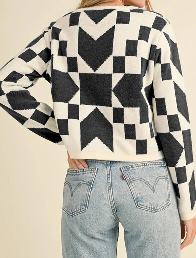 Geometric Tie-Front Cardigan Sweater